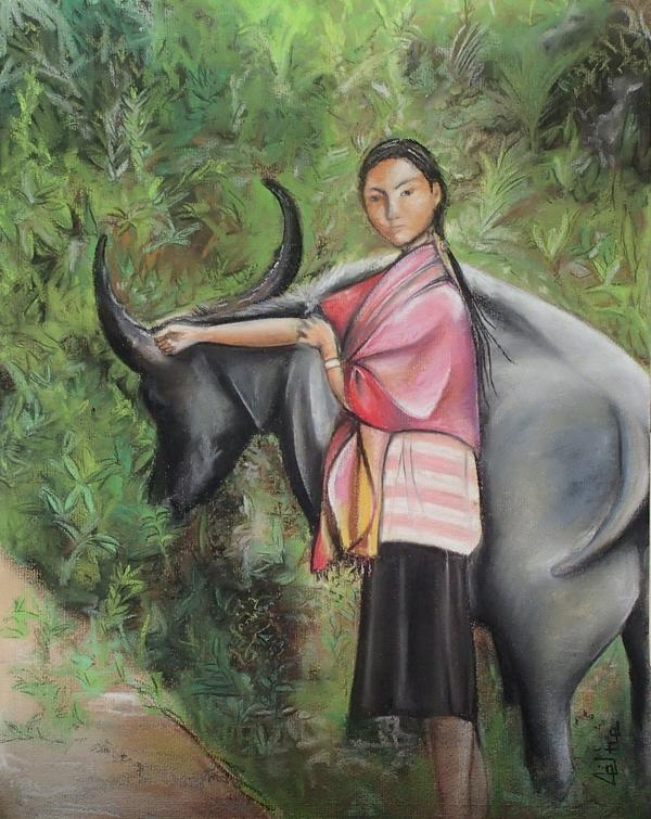 Vietnamese lady and her buffalo